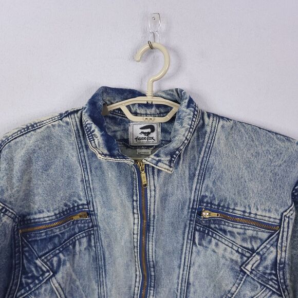 Tiger Fox Jacket Womens M Denim Acid Wash Full Zip Cropped Full Zip Y2K 90s VTG - Picture 3 of 14